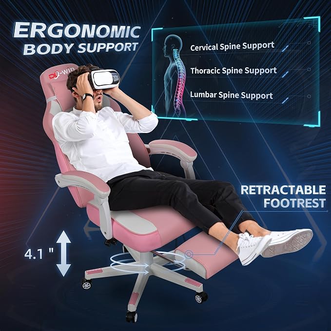 Video Gaming Chairs for Adults, Gamer Chair with Footrest, High Back, Big and Tall Gamer Chair‘s with Massage Lumbar Support, 360° Swivel Height Adjustable Computer Chaires, Pink