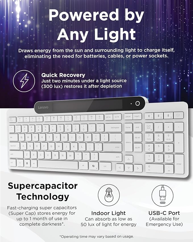 Lenovo 800 Self-Charging Bluetooth Keyboard, Battery-Free Wireless Keyboard with Light-Powered Charging, Multi-Device BT 5.1, Connect Up to 3 Devices, Compatible with Windows, macOS, ChromeOS, White