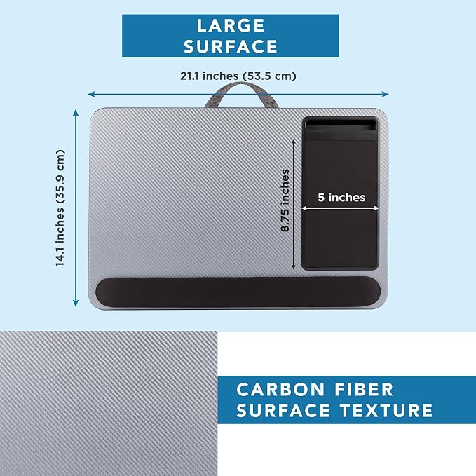 LAPGEAR Home Office Pro Lap Desk – Silver Carbon, Fits 15.6” Laptops | Built-In Mouse Pad & Phone Slot, Wide Cushioned Wrist Rest, Dual-Bolster Microbead Cushion, Carry Handle