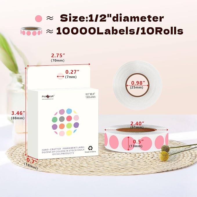 PARLAIM 10000PCS 1/2 Inch Round Color-Code Dot Stickers,Circle Colorful Coding Label Sticker for Home Office (Pink)