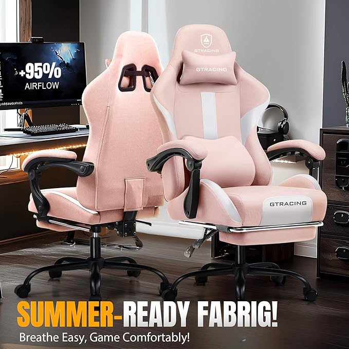 GTPLAYER Gaming Chair with Foot Rest & Pocket Spring Cushion, Breathable Fabric for Home Office Desk, Ergonomic High Back Computer Chair with Headrest & Lumbar Support, Pink