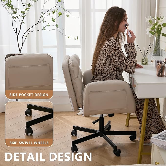 Criss Cross Chair with Flip-Up Arms & Swivel Wheels, Vanity Chair with Adjustable Height & Side Pockets, Comfortable Wide Seat Reclining Computer Office Desk Chairs for Home Office, Make Up, Bed Room