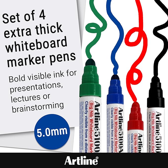 Artline 5100A Big Nib Magnum Whiteboard Dry Erase Markers, Extra Thick 5.0mm Bullet Tip, Readable from a Great Distance, Low Odor Colored Markers for School, Black, Red, Blue, Green, 4-Pack