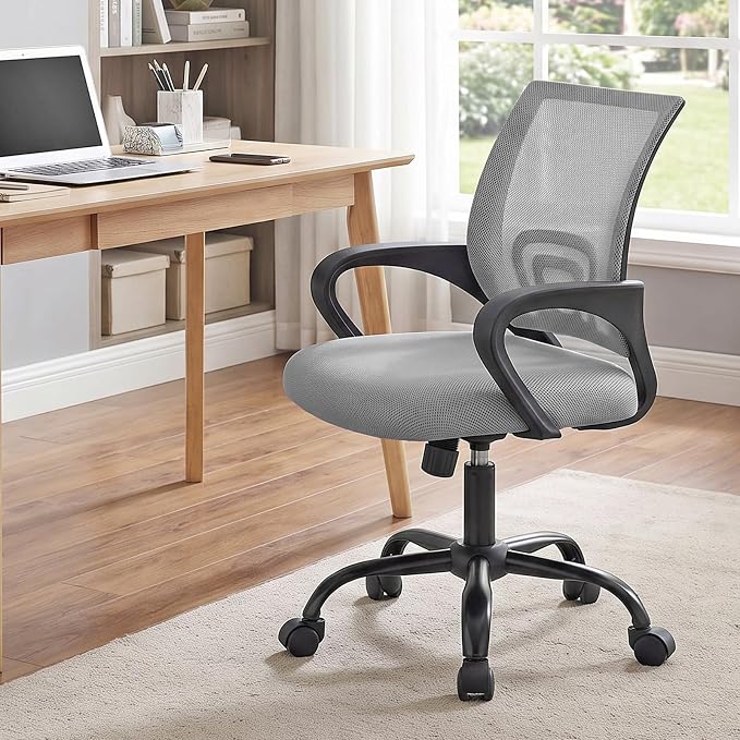 DUMOS Ergonomic Office Chair, Executive Desk Chair with Lumbar Support | Mid Back, Breathable Backrest, Fixed Armrest, Height Adjustable, 360° Swivel, Computer Gaming, Meeting, Grey