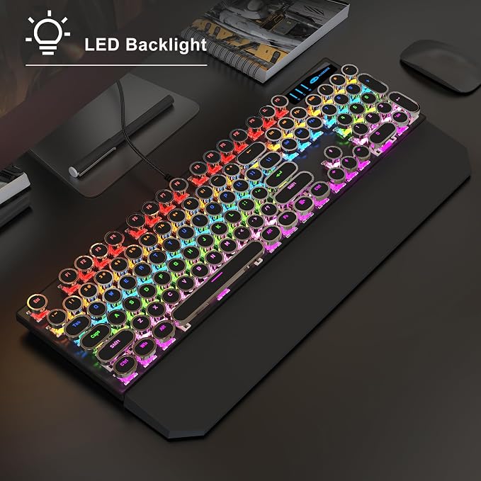 Typewriter Mechanical Gaming Keyboard and Mouse Combo, Retro Punk Round Keycaps RGB Rainbow Backlit Wired Keyboard for Game and Office, for Windows Laptop PC, Red Switches(Black)
