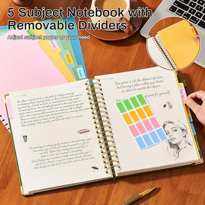 Hardcover Spiral Notebook with 5 Removable Dividers Tabs 300 Pages Leather 5 Subject Notebook College Ruled 8"x10" Large B5 Notebooks for Work School Note taking Lined Journal for Women, Green