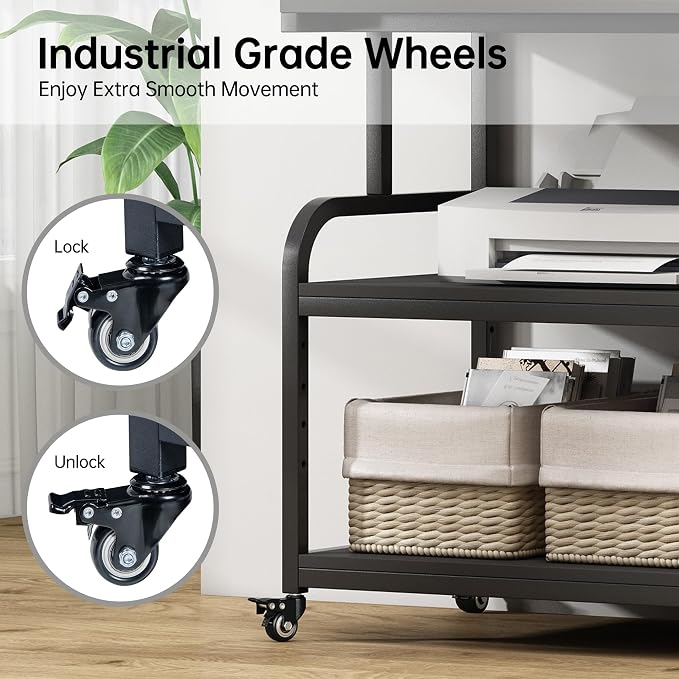 Fannova 32.3"x18.9" Extra Large Printer Stand with Adjustable Storage Shelf | 3 Tier Wide Printer Table for Multiple Printers, Heavy Duty Printer Cart with Industrial Wheels, Home Office Furniture, Black