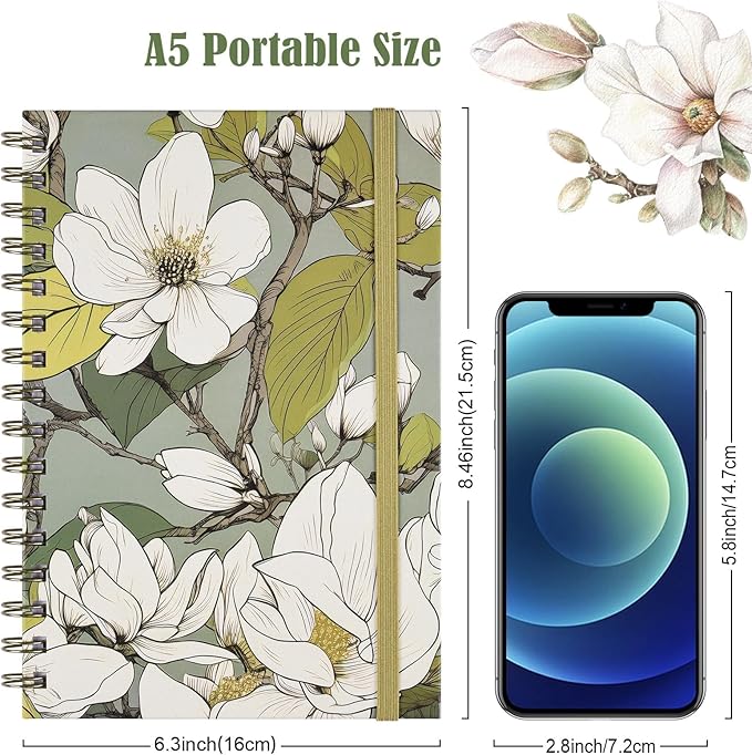 Spiral Notebook, A5 Lined Journal for Women, Hardcover Spiral Journal with 2 Pockets, College Ruled Notebooks, Cute Notebook for Office, School Supplies, Gifts (160 Pages, 6.3" x 8.46", Plum Bossom)