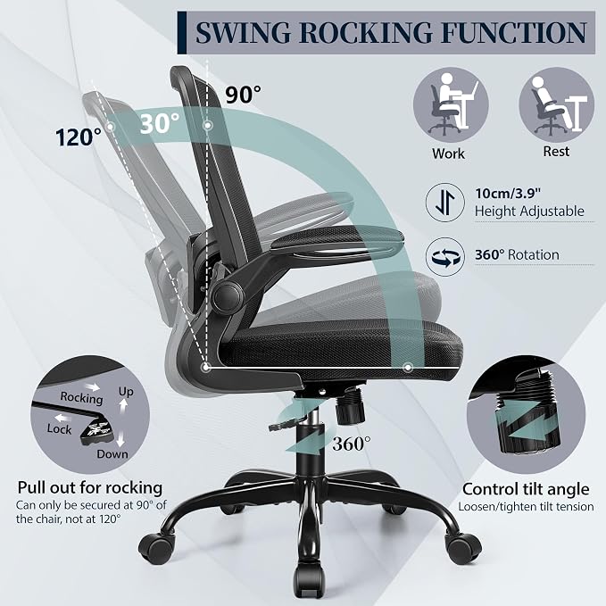 FelixKing Office Chair, Ergonomic Comfy Desk Chair with Flip-up Armrests | Adjustable Height, 360° Swivel, Flexible Tilt, Breathable Cushion and Fabric, Lumbar Support for Home Conference Room Office