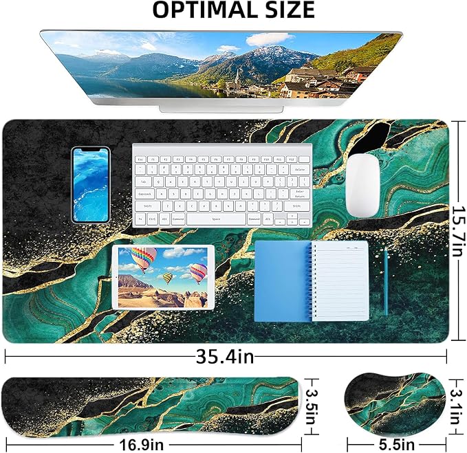Large Mouse Pad with Wrist Rest, 4-in-1 Wrist Rest for Keyboard and Mouse | Non-Slip Waterproof Desk Mat Set, 35.4"x15.7" Desk Mat+Keyboard Wrist Rest+Mouse Wrist Support+Cup Coaster for Home Office