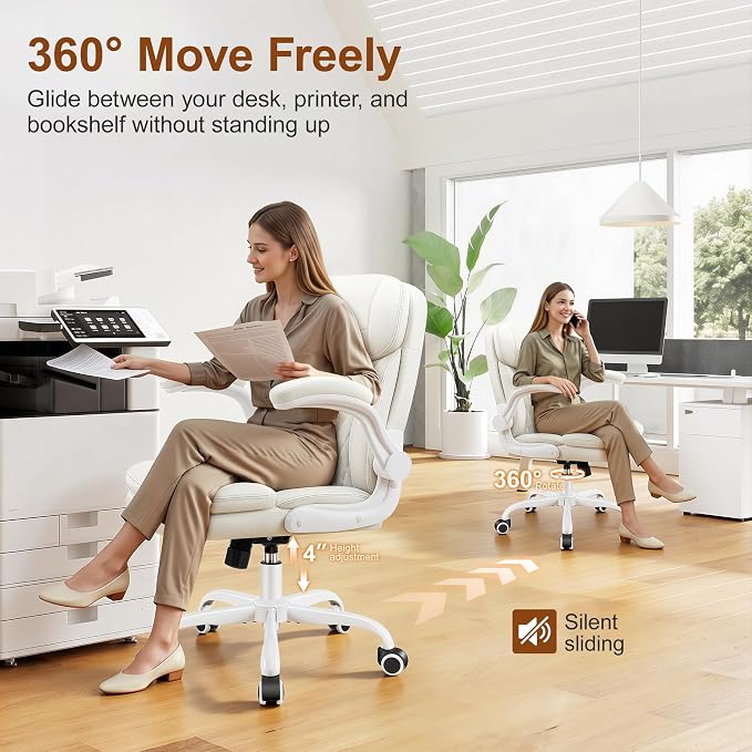 Leather Office Chair, PU Computer Desk Chairs with Upgraded Double-Layer Seat Cushion and Neckrest, 360°Swivel, Ergonomic Small Gaming Chair with Wheels and Adjustable Armrests for Short People, White