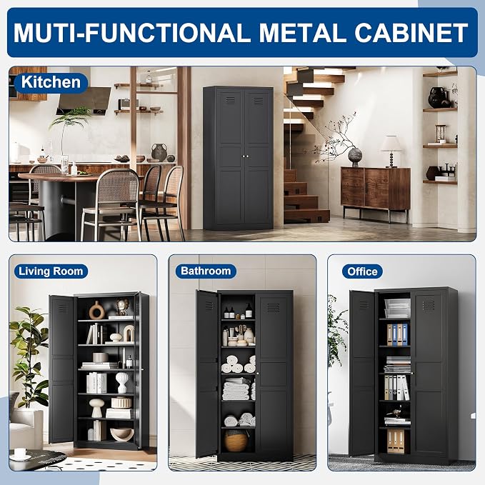 Fesbos Metal Storage Cabinet-71” Tall Steel File Cabinets with Doors and 5 Adjustable Shelves-Black Steel Storage Cabinet for Home,Kitchen, School, Office, Garage