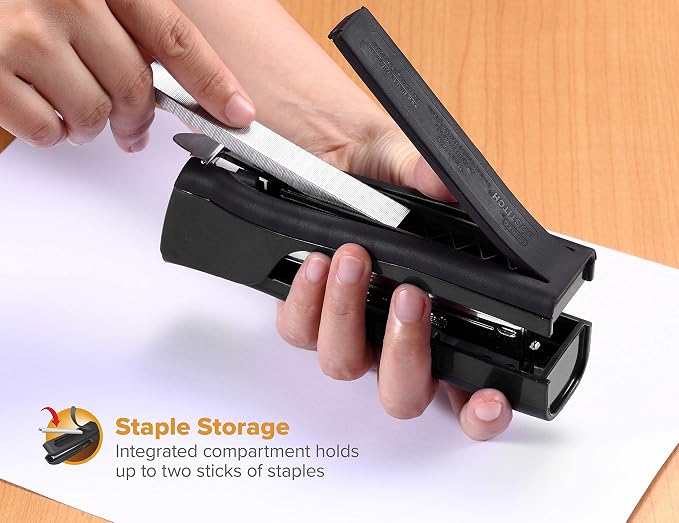 Bostitch Office Eco-Friendly Dynamo 4 in 1 Standup Stapler, Includes 420 Staples, 20 Sheet Capacity, Integrated Pencil Sharpener, Staple Remover & Staple Storage, Black