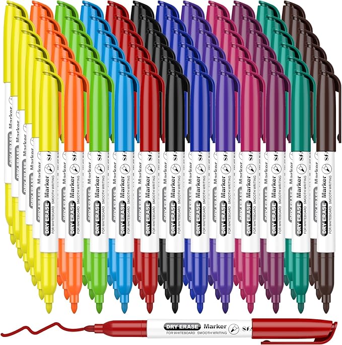 SFAIH Fine Tip Dry Erase Markers - 72 Pack 12 Colors Whiteboard Erasable Markers Bulk, Ideal For Teachers, Offices and Creative Projects, Non-Toxic Easy Clean