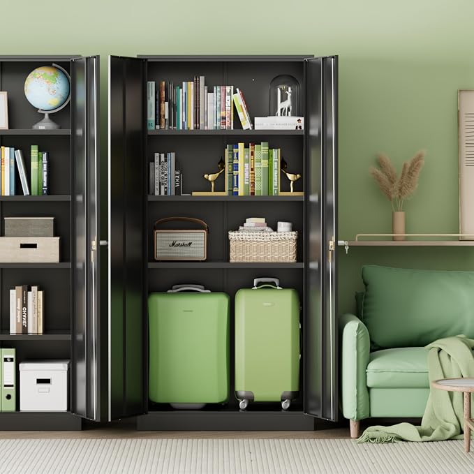 72-Inch Metal Storage Cabinet for Garage, Lockable Steel Cabinet with Doors and Adjustable Shelves, Black Locking Storage Unit for Office, Home, Gym, and School.