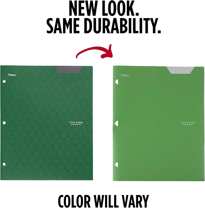Five Star 2-Pocket Folder, Plastic Folder with Stay-Put Tabs, Fits 3-Ring Binder, Holds 8-1/2" x 11" Paper, Forest Green (333420E-ECM)