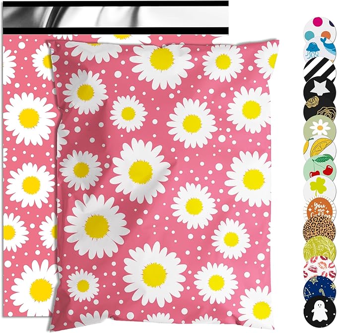 Poly Mailer 14.5x19 Inch 50 Pcs, Waterproof and Tear-Resistant Shipping Bags for Clothing, Cute Mailing Bags with Self-Seal, Daisy Printed Packaging Bags for Small Business