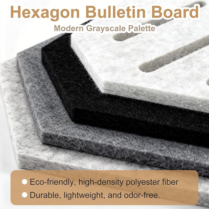 12PK Hexagon Cork Board & Felt Board Modern Grayscale 70 Pins | 11.8x10.2 inches, 12-pack set, cut-out geometric designs, ideal for home office wall decor, vision board, DIY art projects
