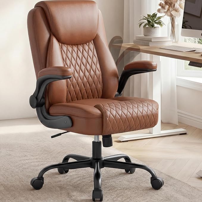 COMHOMA Mid-Back Office Chair, Ergonomic PU Desk Chair with Flip up Arms, Small Computer Gaming with Comfy Lumbar Support,Rocking Function,Sturdy Metal Base, Brown