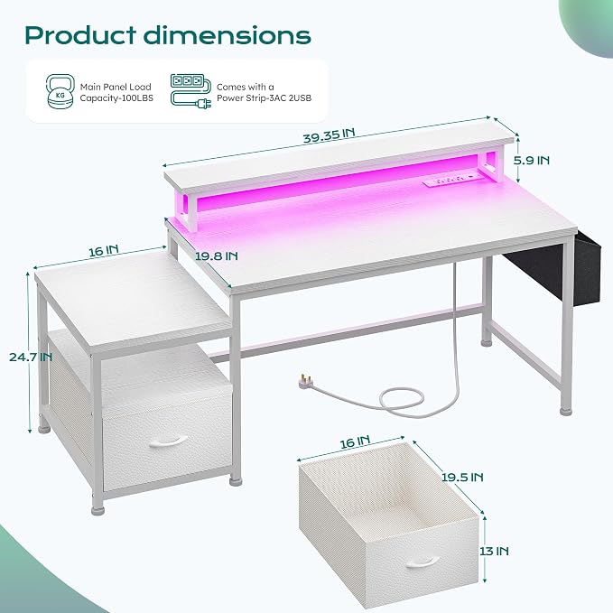 EnHomee 56.5" Office Desk with Drawers & Printer Space for Home Work,White | Computer Desk with 3 AC Outlets& 2 USB Ports,Waterproof LED Strip Lights,Monitor Stand & Side Pockets,Home Office,Bedroom