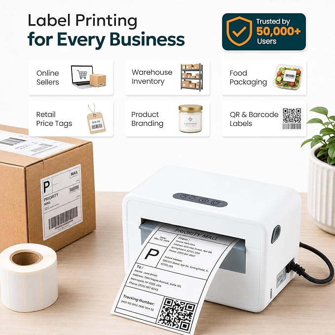 Bluetooth Shipping Label Printer, 4X6 Wireless Label Printer, USB Shipping Label Maker for Small Business, Compatible with iPhone, Android, Windows & Mac (White-8)