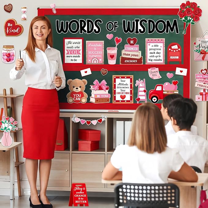 Mooliwe 57 Pcs Valentine’s Day Bulletin Board Cutouts Classroom Decor | Motivational Quotes Cards, Heart Envelope Designs, Flowers Truck Teddy Bear Cutouts, Classroom Wall Door Window Decor