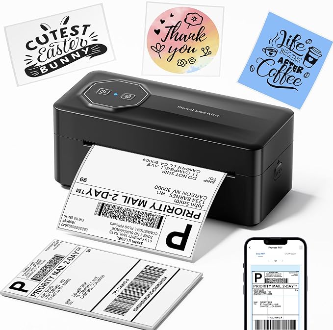TATTMUSE Bluetooth Thermal Shipping Label Wireless 4x6 Label Printer | Printer for Small Business and Shipping Packages, Compatible with iPhone Android Windows Mac, Amazon, USPS, UPS, Black