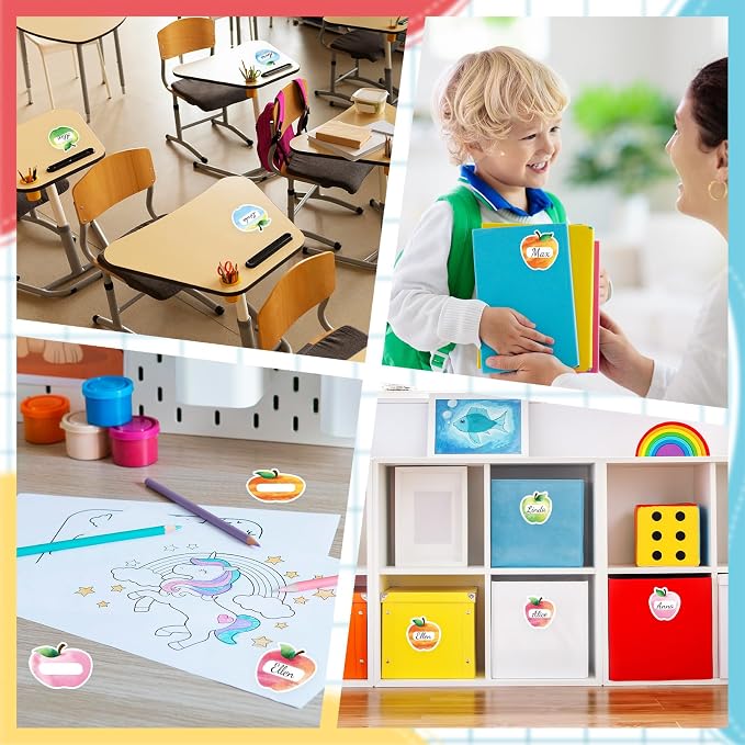 Whaline 90 Pcs Back to School Name Tag Stickers Watercolor Apples Shape Nameplates Colored Self-Adhesive Label Decals for Students Desk Classroom Decoration, 9 Designs