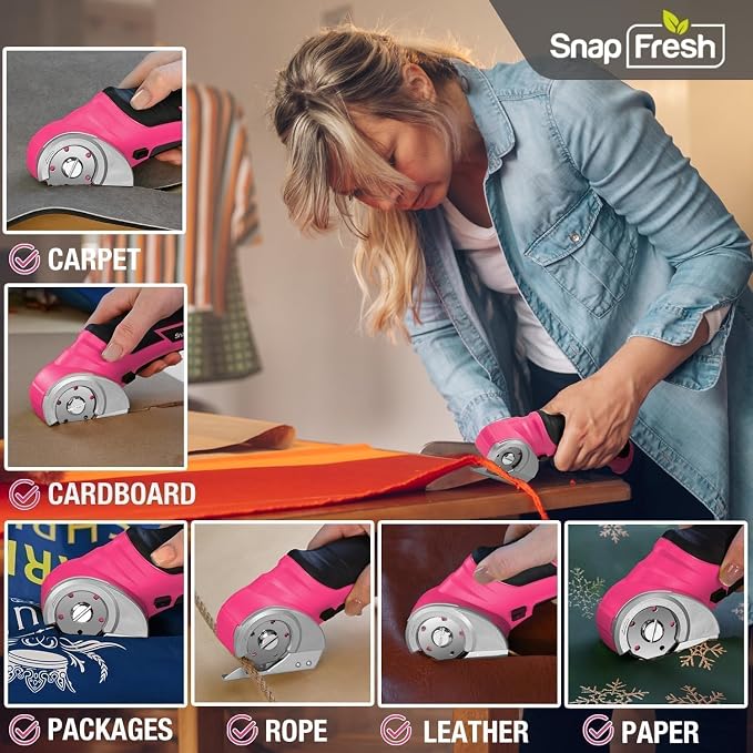 SnapFresh Cordless Electric Scissors, 4V Rechargeable Electric Box Cutter for Cardboard Boxes, Carpet & Paper, Rotary Cutter for DIY Projects, Safety Box Cutter with Battery & Type-C Cable (Hot Pink)