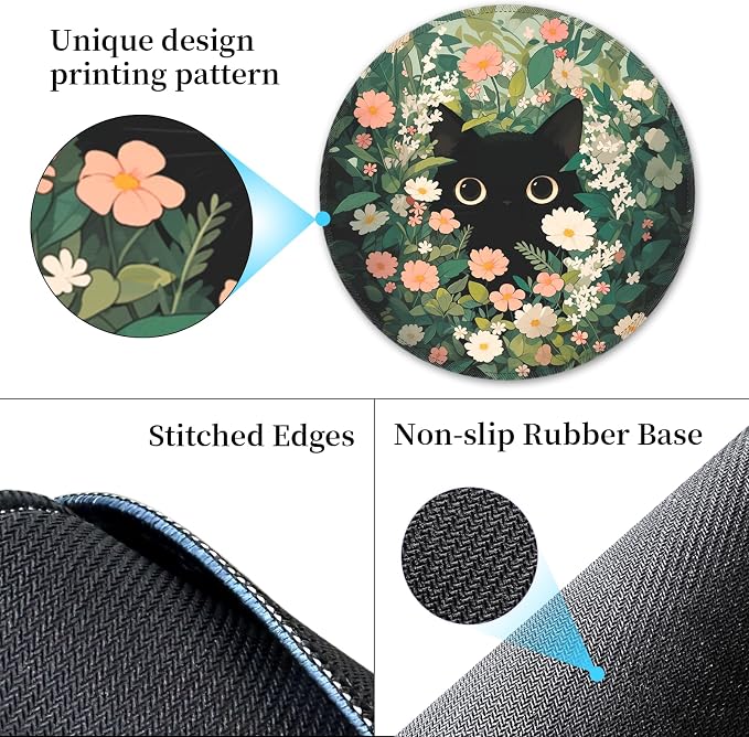 Hancynir Black Cat Round Mouse Pad, Small Mousepad for Laptop Desk Office | Mouse Mat for Computer, Non-Slip Rubber Base, Office Desk Decor, Gifts for Work Coworker Teacher, 8.6 Inch, Stitched Edges