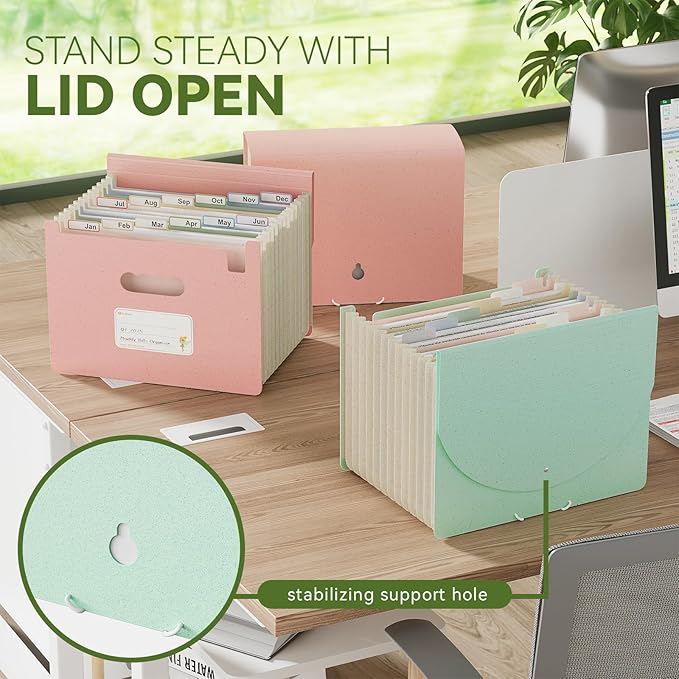 Accordion File Organizer, 12-Pocket Wheat Straw Expanding File Folder, Portable Monthly Bill & Tax Receipt Organizer, Letter/A4 Size Document Holder with Colorful Tabs-Strawberry Pink