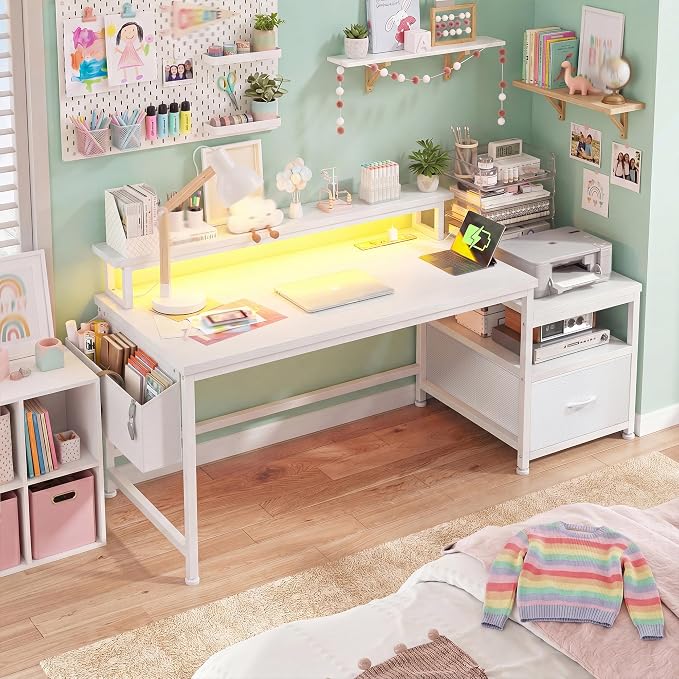 EnHomee 56.5" Office Desk with Drawers & Printer Space for Home Work,White | Computer Desk with 3 AC Outlets& 2 USB Ports,Waterproof LED Strip Lights,Monitor Stand & Side Pockets,Home Office,Bedroom