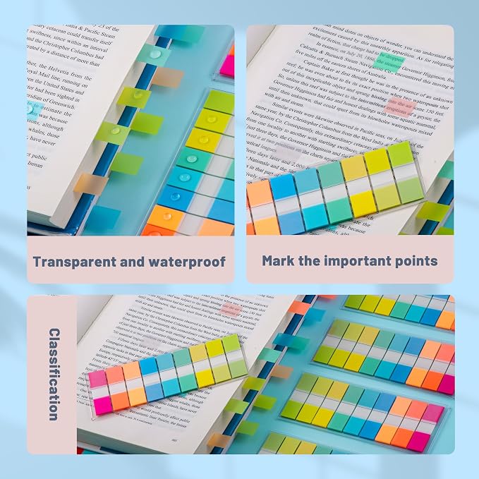 Golcellia Sticky Notes Tabs 900 Pieces Transparent Sticky Tabs, 0.47 Inch Book Tabs, Writable Repositionable Index Tabs Page Markers for Annotating Books, Notes, Files, Rainbow Colors