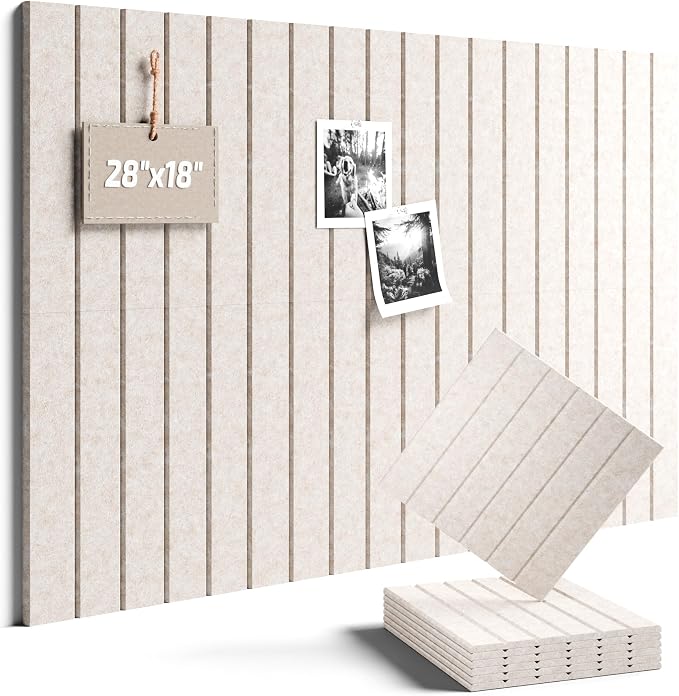 28" x 18" Felt Bulletin Board Tiles, Fine Stripe, Oatmeal | 6-Pack Cork Board Alternative, 30 Adhesive Tabs, Push Pin Board, Wall Decor, Office, Home, Classroom, Dorm
