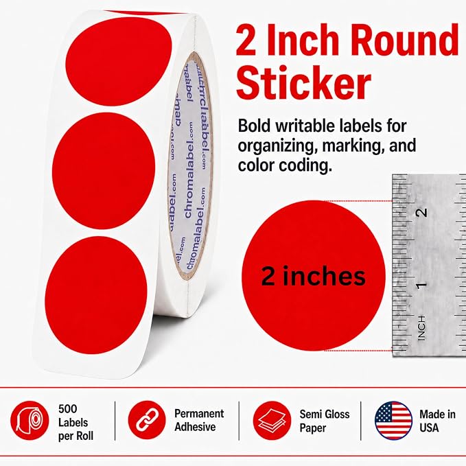 Red Circle Stickers, 2 Inch, 500/Roll | Large Sticker Dots with Semi-Gloss Paper for Inventory, Classrooms, and Offices. Made in USA
