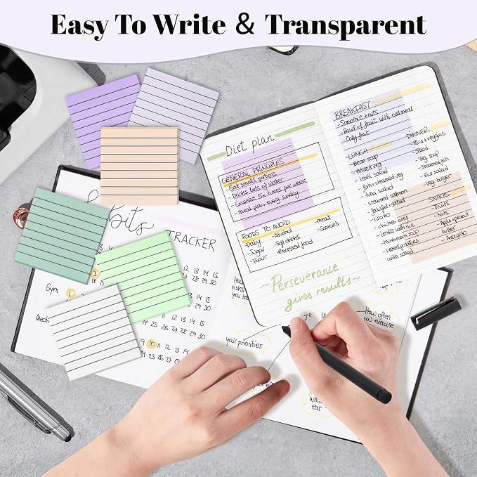 Transparent Sticky Notes Lined 300 Sheets 3"X3" Dark Morandi PET Material | Clear Translucent Self-Adhesive Sticky Notes for Back to School & Office Supplies, See Through Reveals Underlying Bible Text