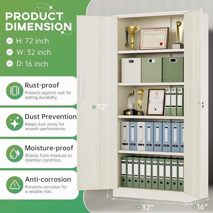 Metal Storage Cabinet, 72" H Lockable Steel Cabinets with Locking Doors, Storage Locker with Adjustable Shelves for Office, Home, Garage, Gym, School (Warm Grey)
