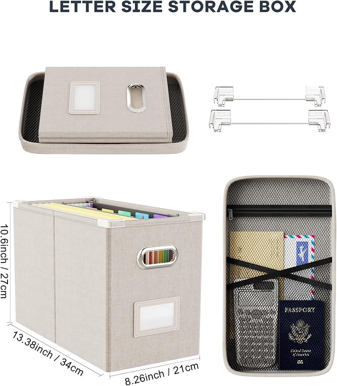 File Organizer With Lid, Hanging Filing Box With Mesh Pocket, Document Organizer for Letter Files, Portable Storage With Smooth Sliding Rail for Office & Home (2 PCS, Beige)