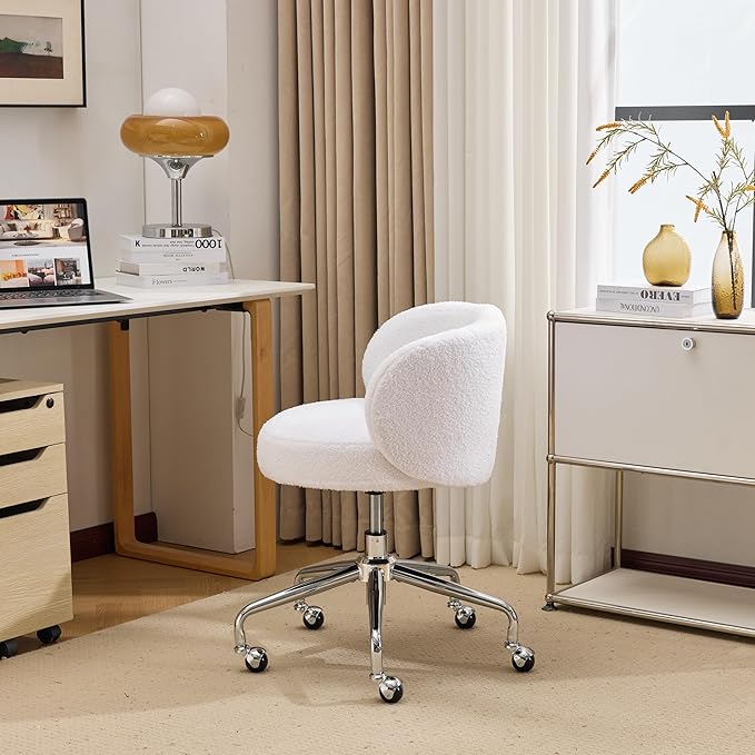 VINGLI Cute Small Swivel Desk Chair Comfy with Wheels,Ergonomic Low-Back Lumbar Support Vanity Nail Tech Rolling Task Stool Girls Women Kids Chair for Home Office,Height Adjustable,Teddy Fleece,White