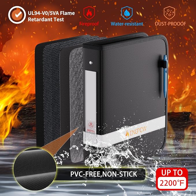 ENGPOW 3 Ring Binder,Fireproof 1.5 Inch D Ring Binder with Zipper,Holds 375 Sheets,Non-Stick,PVC-Free,Compatible with Clear Sheet Protectors,Portable School Office Home Safe Storage for Paper,Black