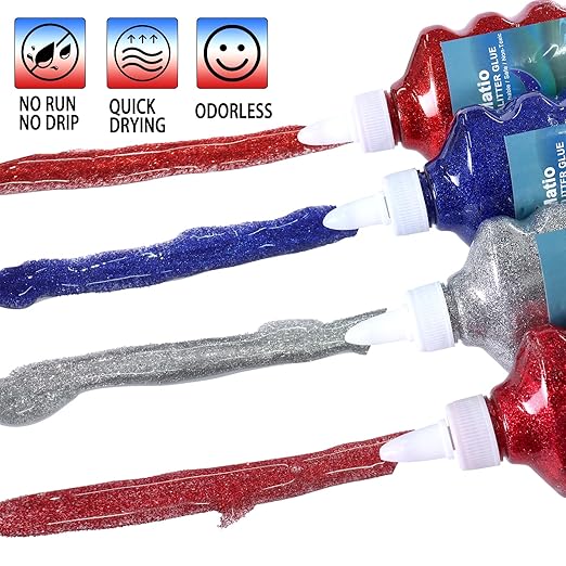 Matio Glitter Glue, 4 Pack Glitter Liquid Glue Non-Toxic Washable 6 FL OZ Each Bottle Assorted Color Glue Stick Red Blue Silver Wine Red Gel Pen for DIY Slime Craft,Painting Art,Christmas Decor Supply