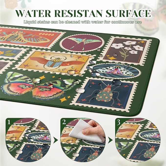 iCasso Vintage Desk Cover Mat, XXL Large Butterfly Mouse Pad, Olive Green | Desk Matt for Desktop Protector, Anti-Slip Mousepad with Stitched Edges for Laptop Computer Keyboard