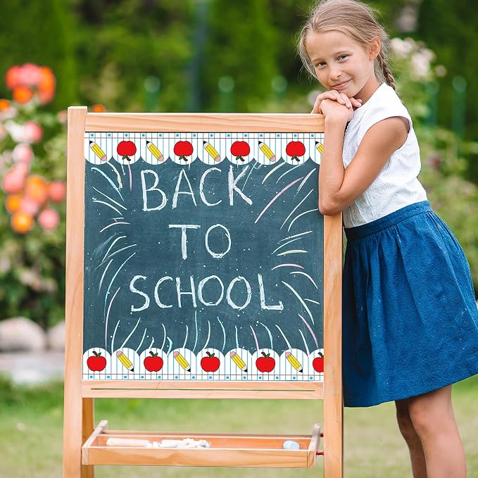 Whaline 32.8 Ft Apples Pencil Bulletin Board Border Back to School Decor | Notebook Border Trim, Self Adhesive Bulletin Board Stickers Roll, for Classroom Office Party Wall Decor