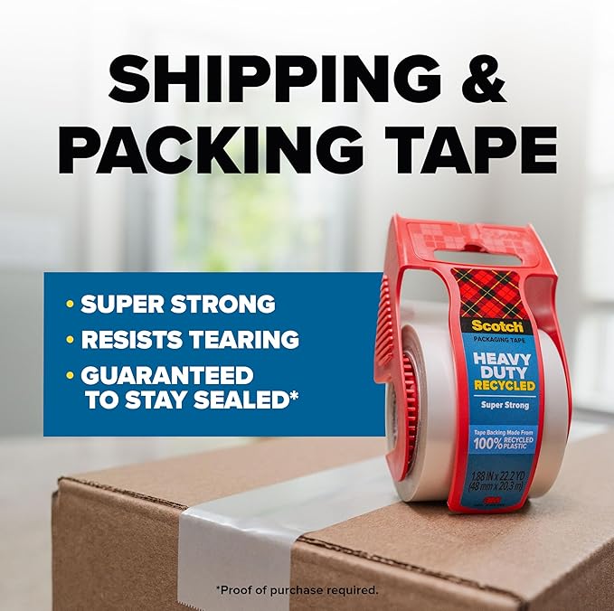 Scotch Heavy Duty Recycled Packaging Tape, Shipping and Packing Tape, 1.88 in x 800 in, 6 Rolls with Dispensers, Red