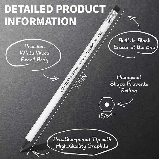 M&G BLACKOO Series 2B Wood-Cased Pencils, 24-Pack Pre-Sharpened with Top Erasers, Bulk Black Pencils for School, Teachers, Writing, Drawing and Sketching (White)