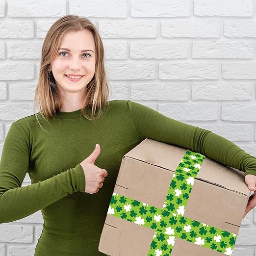 Whaline 109 Yard St Patrick's Day Packing Tapes Irish Luck Green White Shamrock Clover Pattern Decorative Tape Waterproof Gift Wrapping Tape for Small Business DIY Crafts Box Carton Decor