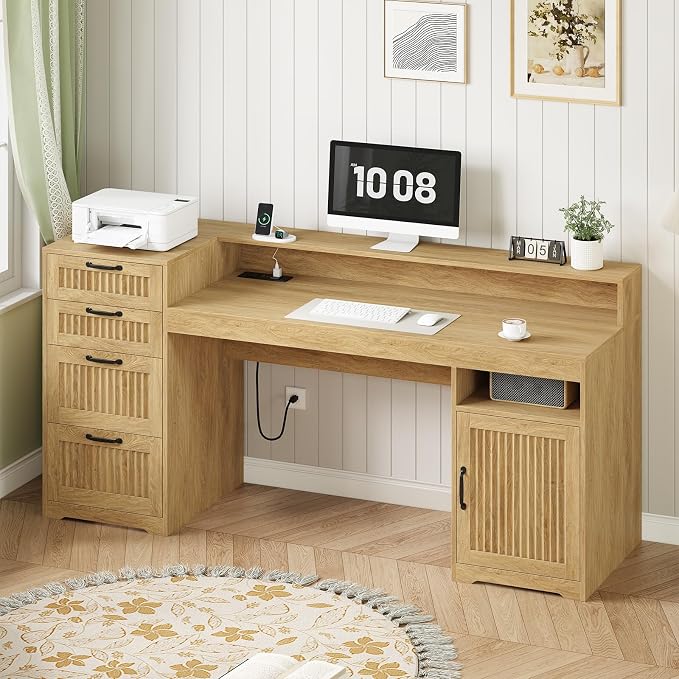 63" Fluted Computer Desk with 4 Drawers for Home Office, Bedroom | Wood Executive Desk with Printer Shelf, Monitor Stand, Home Office Desks with Power Outlets, Storage Shelves, Oak, Boho Desk