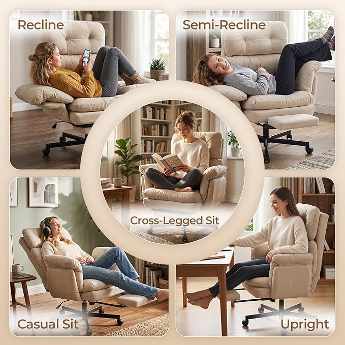 Criss Cross Office Chair with Foot Rest, Big and Tall Office Desk Chair with Flip Armrests for Pets & Cross Legged Sitting, Comfy Executive Ergonomic Reclining Computer Gaming Vanity Chair, White