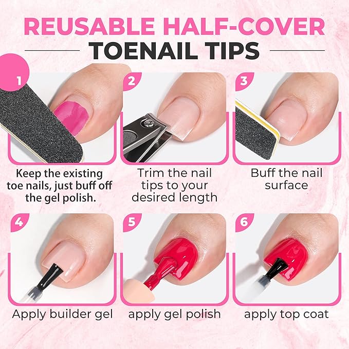 UNA GELLA Half Cover Square Toe Nail Tips For Big Wider Toe, 510Pcs 15Sizes Soft Gel Pre-etched Fake Toenails Press On Nails For Nail Extensions Home DIY Nail Salon