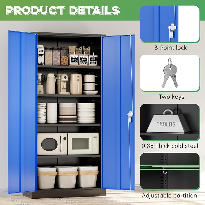 Metal Storage Cabinet,72" Steel Lockable File Cabinet with Locking Doors and Adjustable Shelves,Locking Tool Cabinets for Office,Home,Garage,Gym,School (Black Blue)